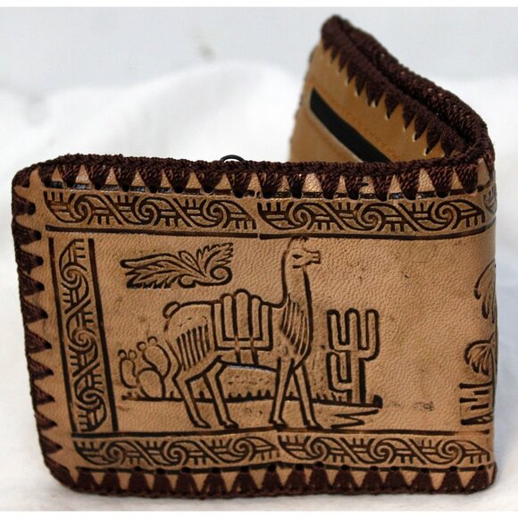 Peruvian Peru Folding Leather Wallet Tooled Llama Hand Stitched Men Teen Native - Picture 2 of 4